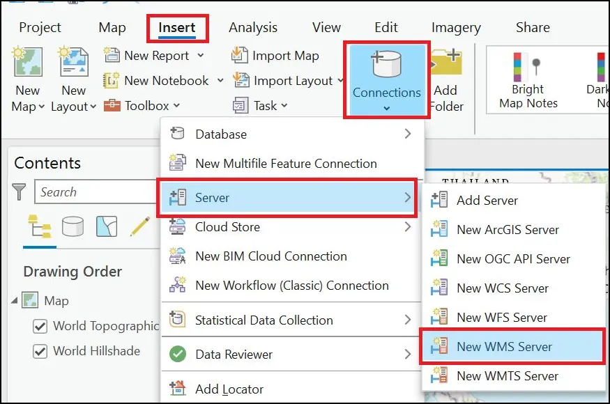Menu koneksi server di ArcGIS Pro