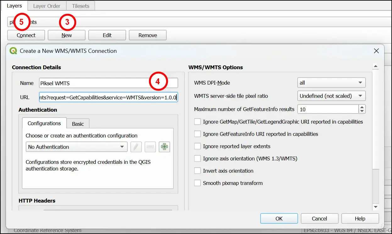 Formulir koneksi baru di QGIS
